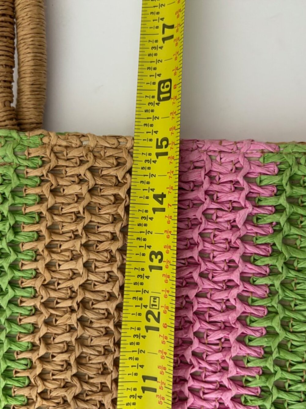 A New Day Striped Woven Straw Tote Bag Pink Green Tan Crochet Shoulder Handbag - Picture 8 of 9